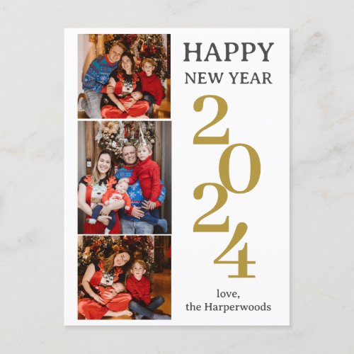 Simple Elegant Modern Happy New Year Three Photo Holiday Postcard