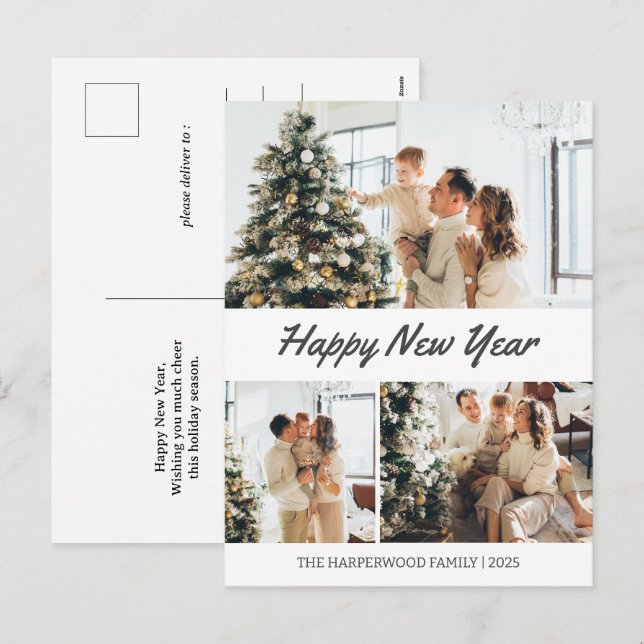 Simple Elegant Modern Happy New Year Three-Photo Holiday Postcard (Front/Back)