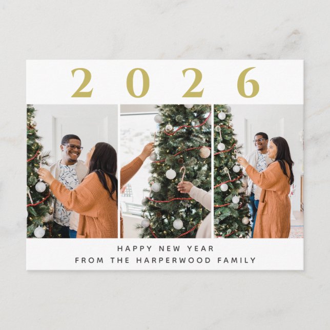 Simple Elegant Modern Happy New Year Three Photo Holiday Postcard (Front)