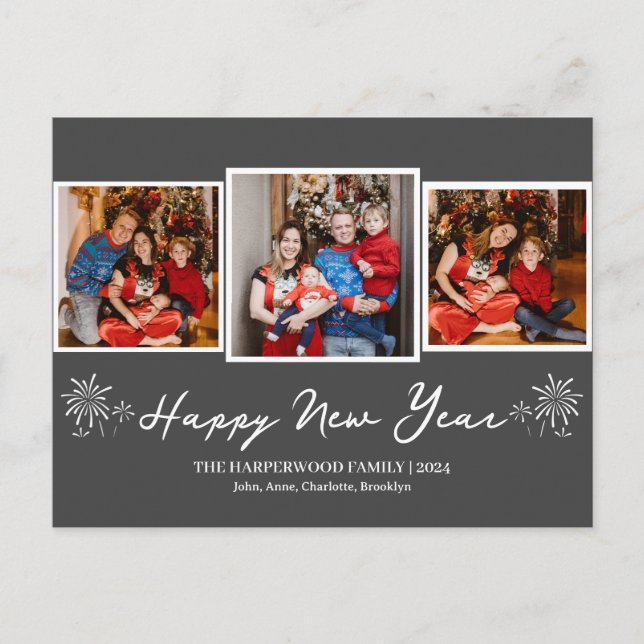 Simple Elegant Modern Happy New Year Three Photo Holiday Postcard (Front)
