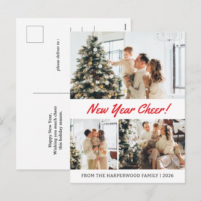 Simple Elegant Modern Happy New Year Three-Photo Holiday Postcard (Front/Back)