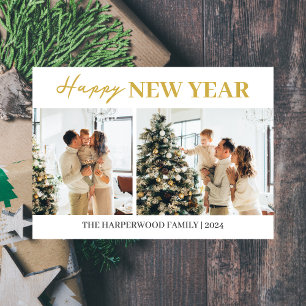 Simple Elegant Modern Happy New Year Two Photo Holiday Card