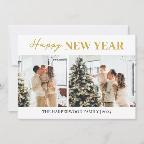 Simple Elegant Modern Happy New Year Two Photo Holiday Card
