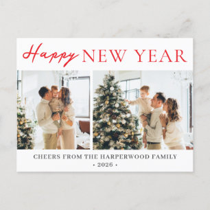 Simple Elegant Modern Happy New Year Two Photo Holiday Postcard
