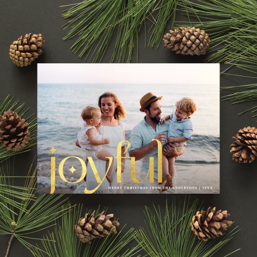 Simple Elegant Modern Joyful 1 Photo Gold Holiday Card