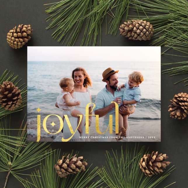 Simple Elegant Modern Joyful 1 Photo Gold Holiday Card (Creator Uploaded)