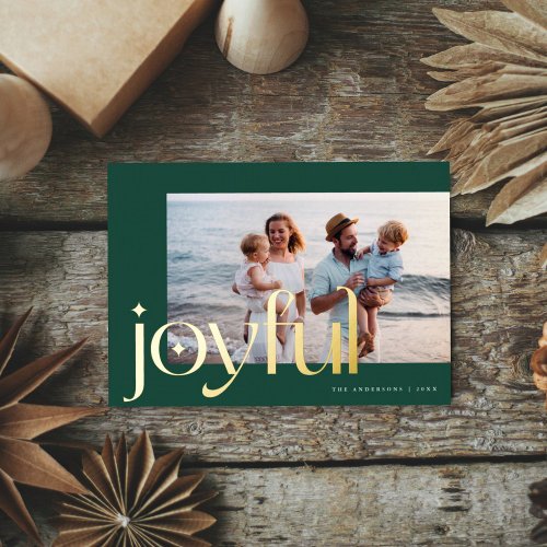 Simple Elegant Modern Joyful 1 Photo Green Gold  Foil Holiday Card