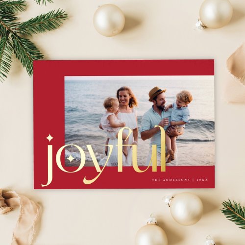 Simple Elegant Modern Joyful 1 Photo Red Gold  Foil Holiday Card