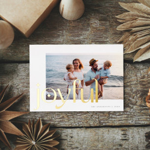 Simple Elegant Modern Joyful 1 Photo White Gold Foil Holiday Card