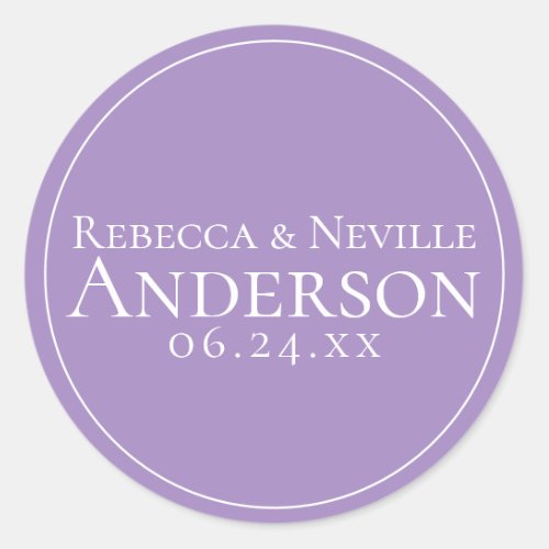 Simple Elegant Modern Lavender Text Wedding Classic Round Sticker
