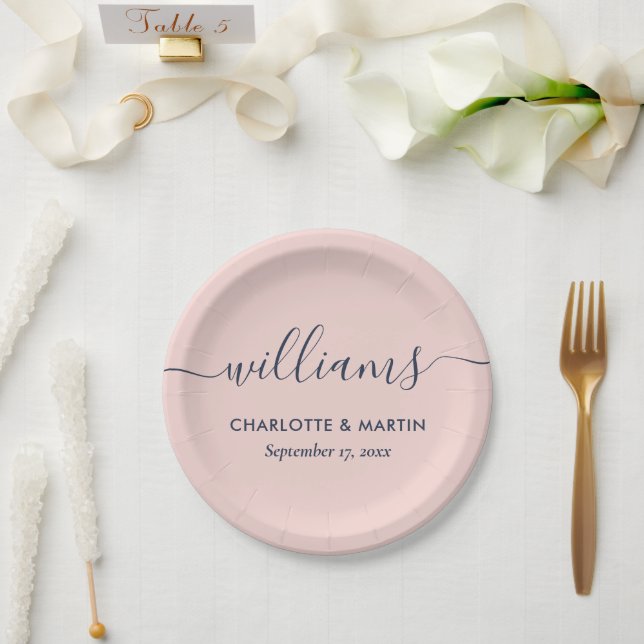 Simple Elegant Modern Navy Blue Blush Pink Wedding Paper Plates (Wedding)