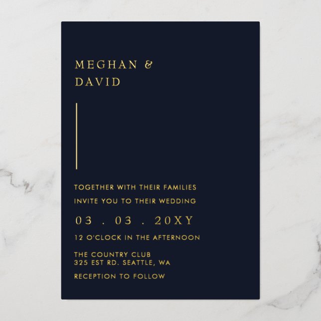 Simple Elegant Modern Navy Wedding   Foil Invitation (Front)