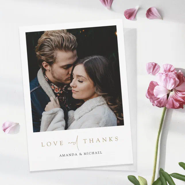 Simple Elegant Modern Photo Gold Wedding Thank You Card | Zazzle