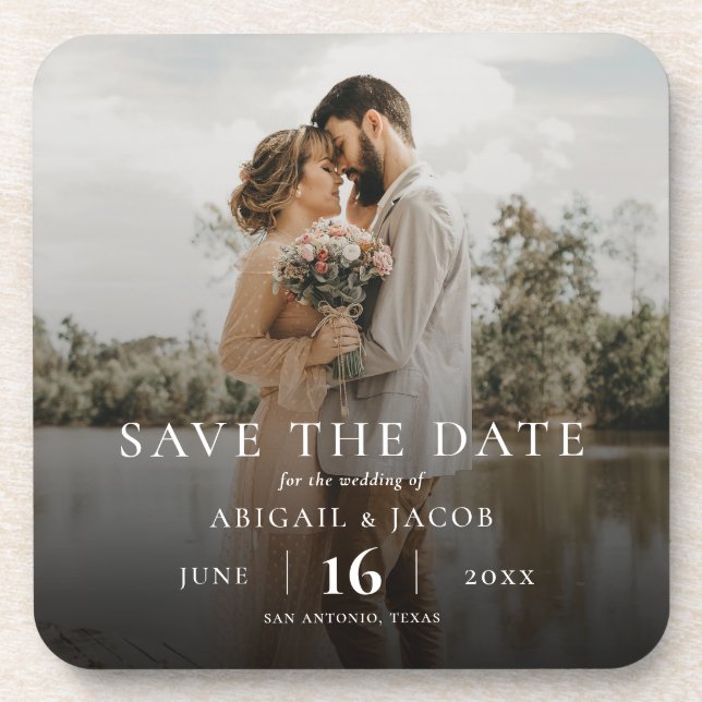 Simple Elegant Modern Photo Wedding Save the Date Beverage Coaster (Front)