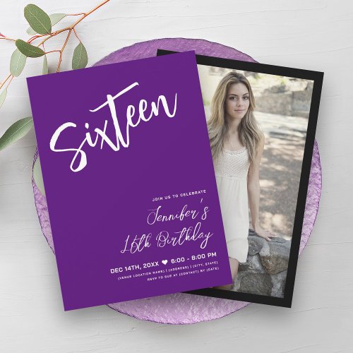 Simple Elegant Modern Purple Sweet 16 Script  Invitation