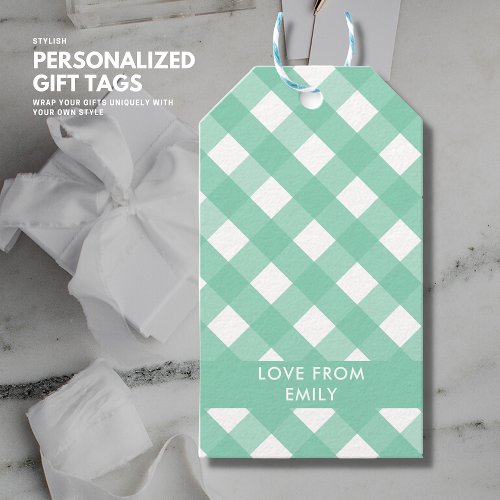 Simple Elegant Modern Sage Green Gingham Check Gift Tags