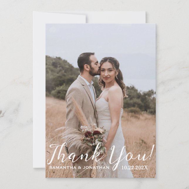 Simple Elegant Modern Script 4 photos wedding Thank You Card (Front)