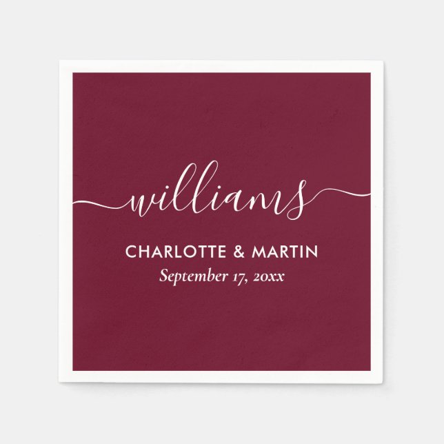 Simple Elegant Modern Script Burgundy Wedding Napkins (Front)
