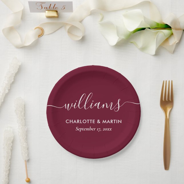 Simple Elegant Modern Script Burgundy Wedding Paper Plates (Wedding)