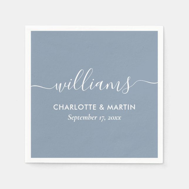 Simple Elegant Modern Script Dusty Blue Wedding Napkins (Front)