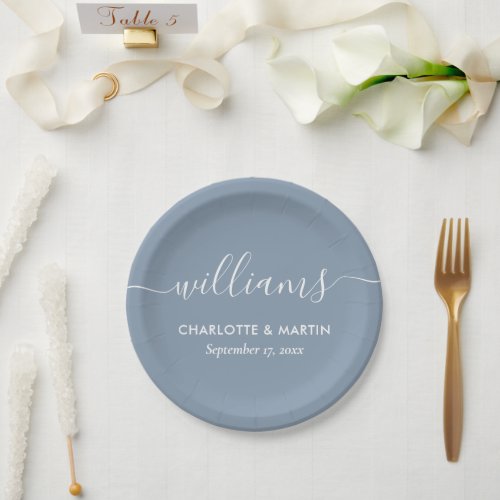 Simple Elegant Modern Script Dusty Blue Wedding Paper Plates