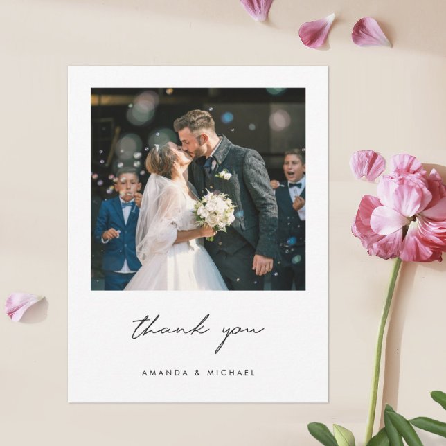 Simple Elegant Modern Script One Photo Wedding  Thank You Card (Creator Uploaded)