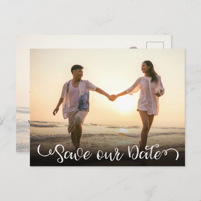 Simple Elegant Modern Script Photo Save the Date Announcement Postcard (Front/Back)