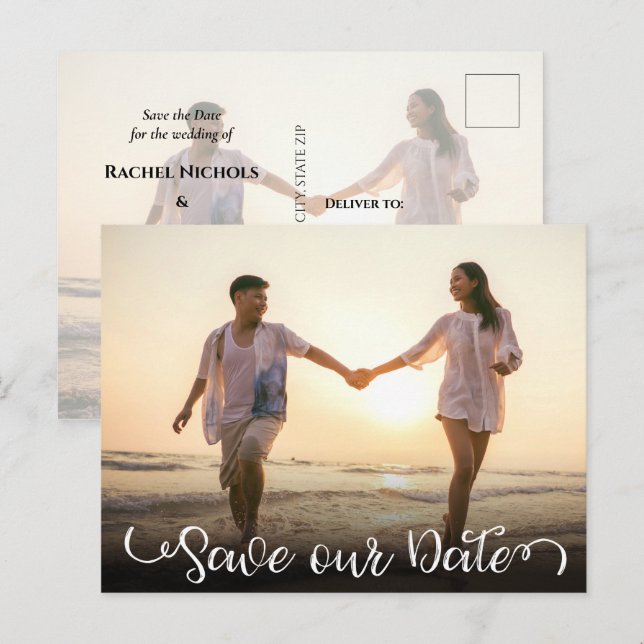 Simple Elegant Modern Script Photo Save the Date Announcement Postcard (Front/Back)