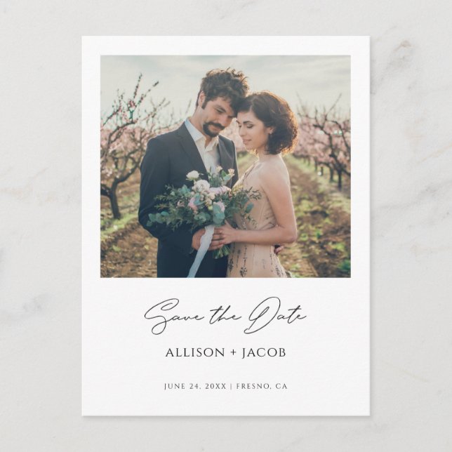 Simple Elegant Modern Script Photo Save the Date Invitation Postcard (Front)