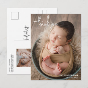 Simple Elegant Modern Script Photo Thank You Birth Announcement Postcard
