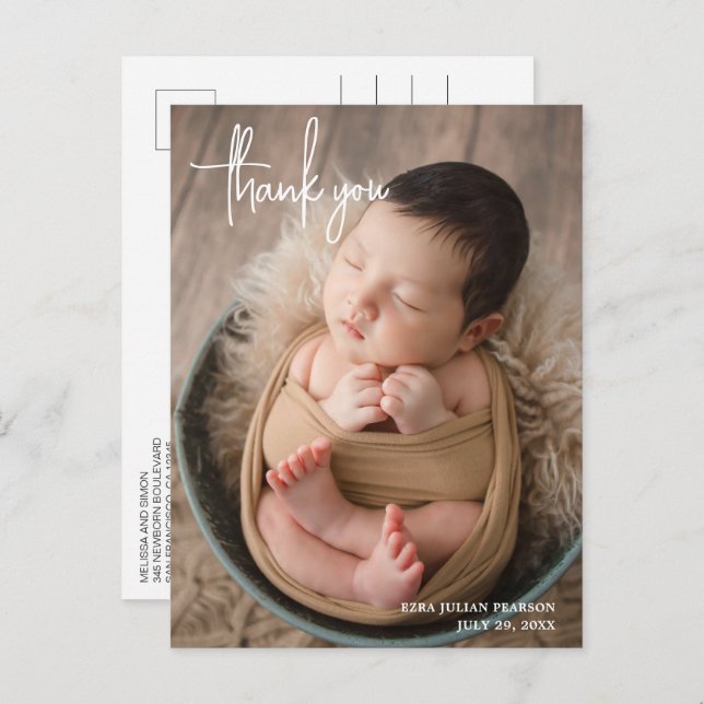 Simple Elegant Modern Script Photo Thank You Birth Announcement Postcard (Front/Back)