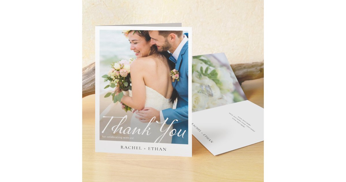 Simple Elegant Modern Script Photo Wedding Thank You Card | Zazzle