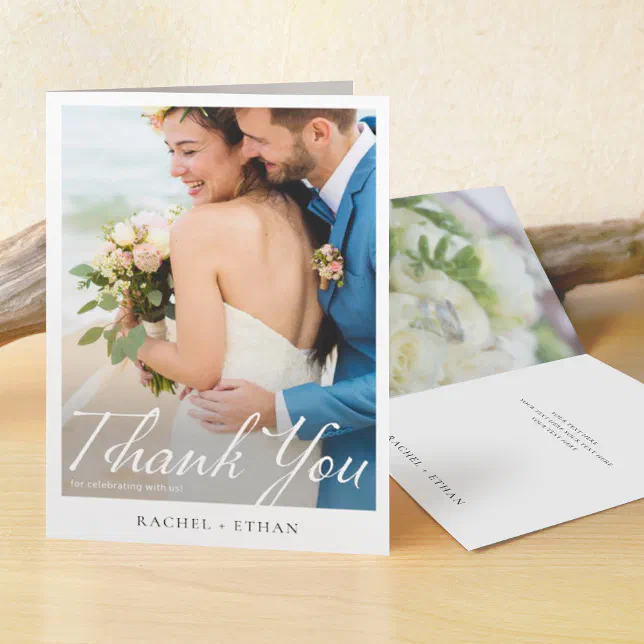 Simple Elegant Modern Script Photo Wedding Thank You Card | Zazzle