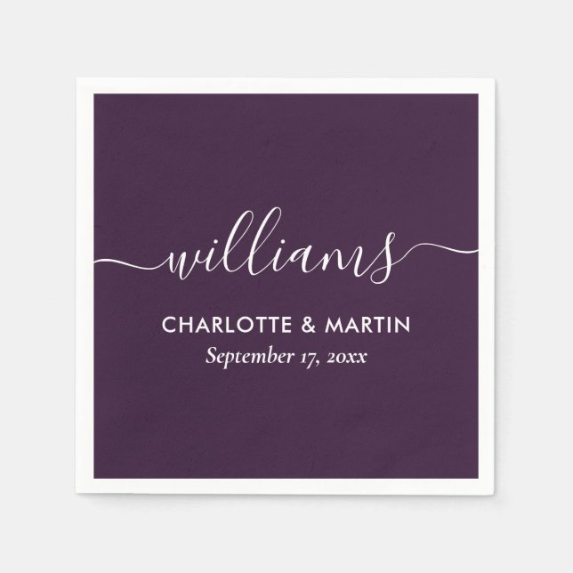 Simple Elegant Modern Script Purple Wedding Napkins (Front)