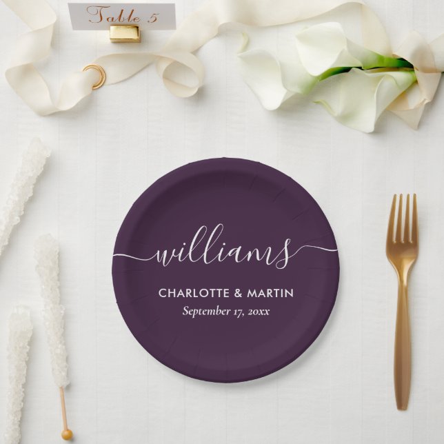 Simple Elegant Modern Script Purple Wedding Paper Plates (Wedding)