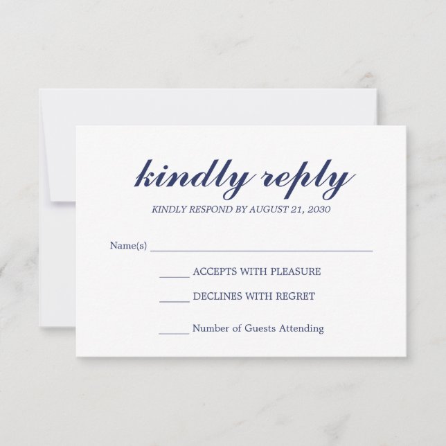Simple Elegant Modern Script Wedding RSVP Navy Card (Front)