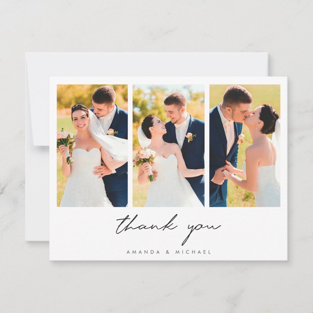 Simple Elegant Modern Three Photo Collage Wedding Thank You Card 