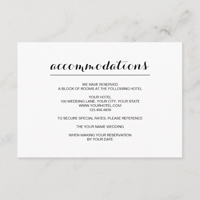 Simple Elegant Modern Wedding Accommodation Card (Front)