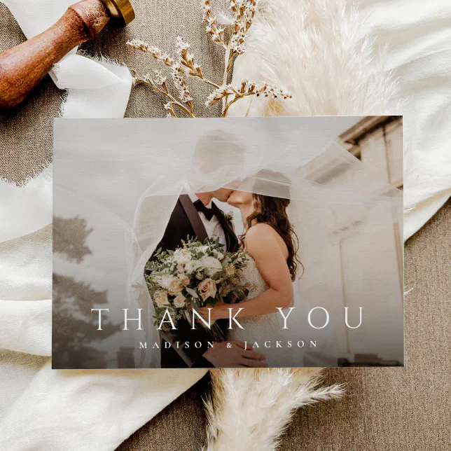 Simple Elegant Modern Wedding Photo Thank You Card | Zazzle