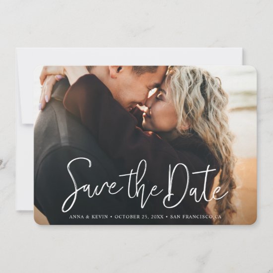 Simple Elegant Modern White Script Photo Wedding Save The Date