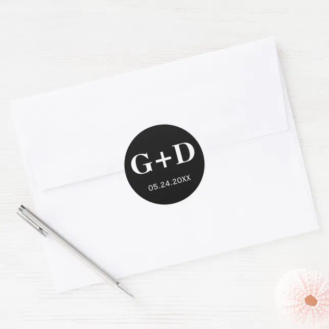 Simple, elegant monogram black and white wedding classic round sticker ...