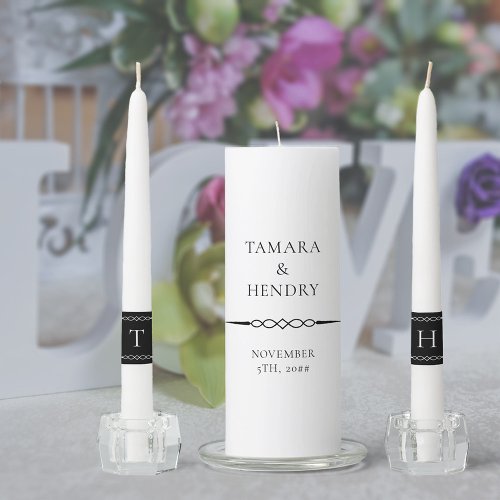 Simple Elegant Monogram Black and White Wedding Unity Candle Set