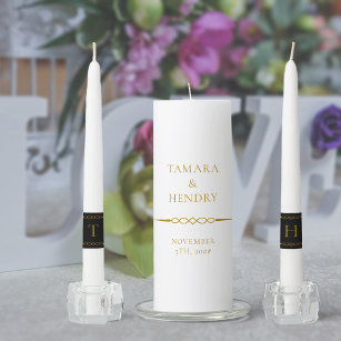 Simple Elegant Monogram Black Gold White Wedding Unity Candle Set