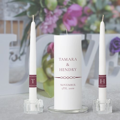 Simple Elegant Monogram Burgundy White Wedding Unity Candle Set