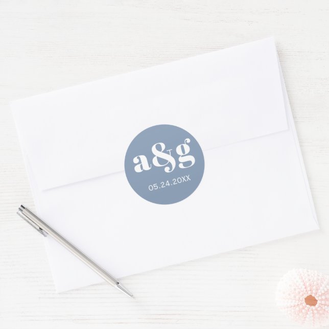 Simple, elegant monogram dusty blue wedding classic round sticker (Envelope)