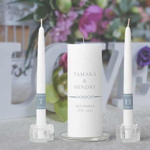 Simple Elegant Monogram Dusty Blue White Wedding Unity Candle Set