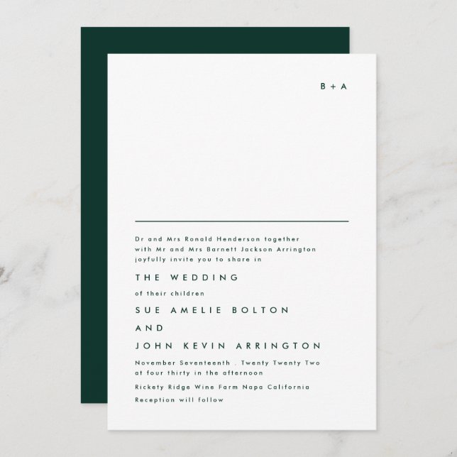 Simple Elegant Monogram Emerald Green Wedding Invitation (Front/Back)