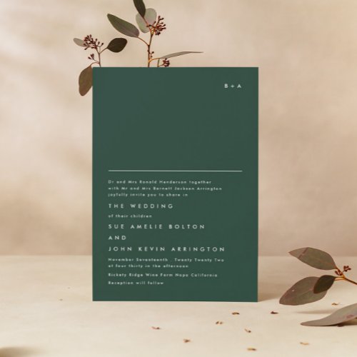 Simple Elegant Monogram Emerald Green Wedding Invitation