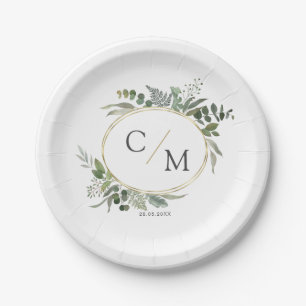 Simple elegant monogram eucalyptus  paper plates