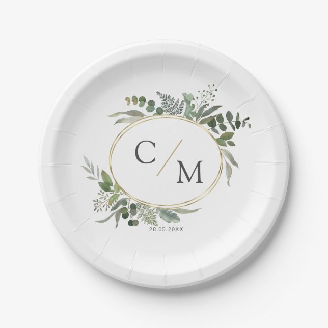 Simple elegant monogram eucalyptus  paper plates (Front)